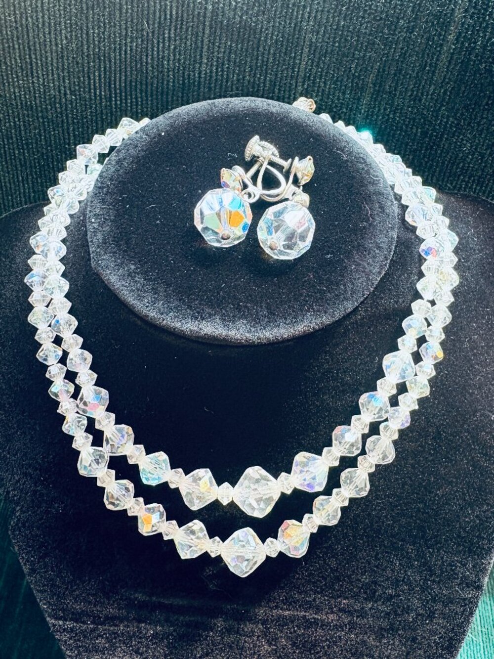 Vintage Aurora Borealis Crystal Necklace & Earrings Set Double Strand-Japan